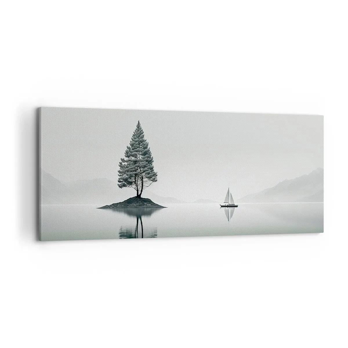 Cuadro sobre lienzo - Impresión de Imagen - Un paisaje minimalista con un árbol en una isla y un velero. - 120x50cm - Un sueño hecho realidad - Decoración de pared moderna para salón y dormitorio ARTTOR