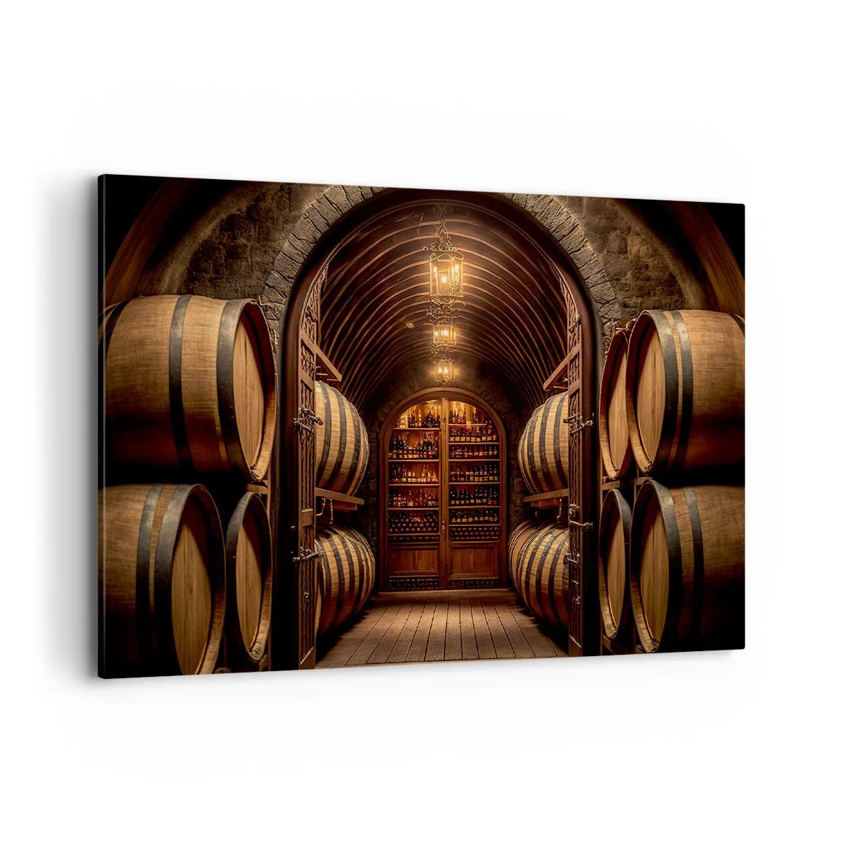 Cuadro sobre lienzo - Impresión de Imagen - Bodega con barriles de madera y estantes para vinos. - 100x70cm - Sótano atmosférico - Decoración de pared moderna para salón y dormitorio ARTTOR
