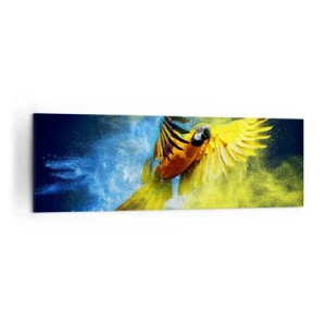 Cuadro sobre lienzo - Impresión de Imagen - Un loro en vuelo sobre un fondo de explosiones de colores amarillo y azul. - 160x50cm - En polvo azul y dorado - Decoración de pared moderna para salón y dormitorio ARTTOR