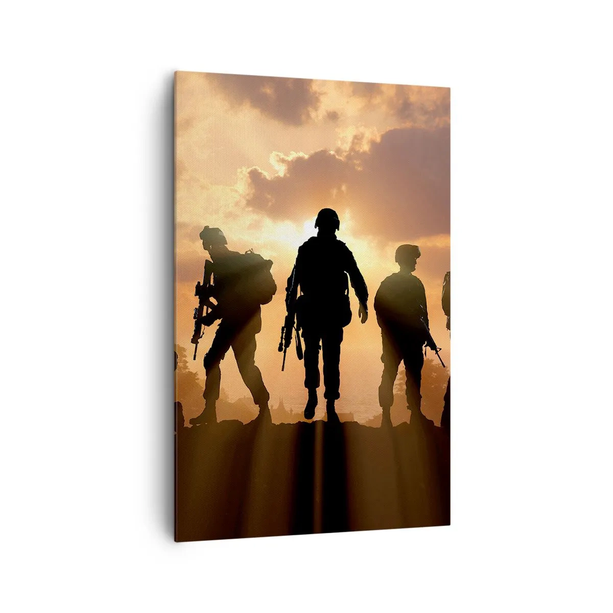 Cuadro sobre lienzo - Impresión de Imagen - Soldados con el sol poniente como telón de fondo en un entorno dinámico. - 80x120cm - Hermanos de armas - Decoración de pared moderna para salón y dormitorio ARTTOR