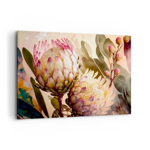 Cuadro sobre lienzo - Impresión de Imagen - Flores de protea coloridas sobre un fondo delicado. - 120x80cm - Abrazados con ternura - Decoración de pared moderna para salón y dormitorio ARTTOR