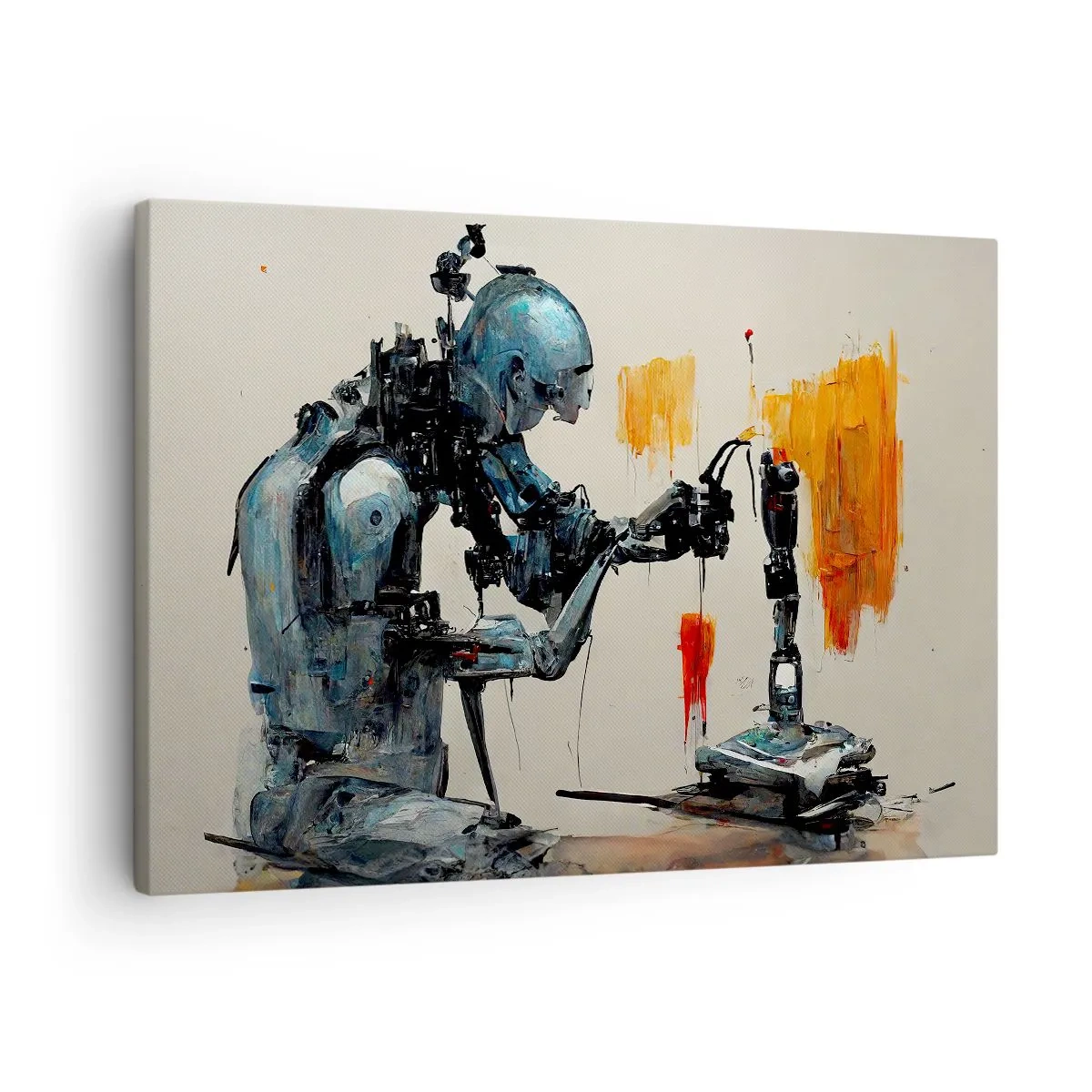 Cuadro sobre lienzo - Impresión de Imagen - Robot trabajando con fondo abstracto - 70x50cm - Próximamente... - Decoración de pared moderna para salón y dormitorio ARTTOR