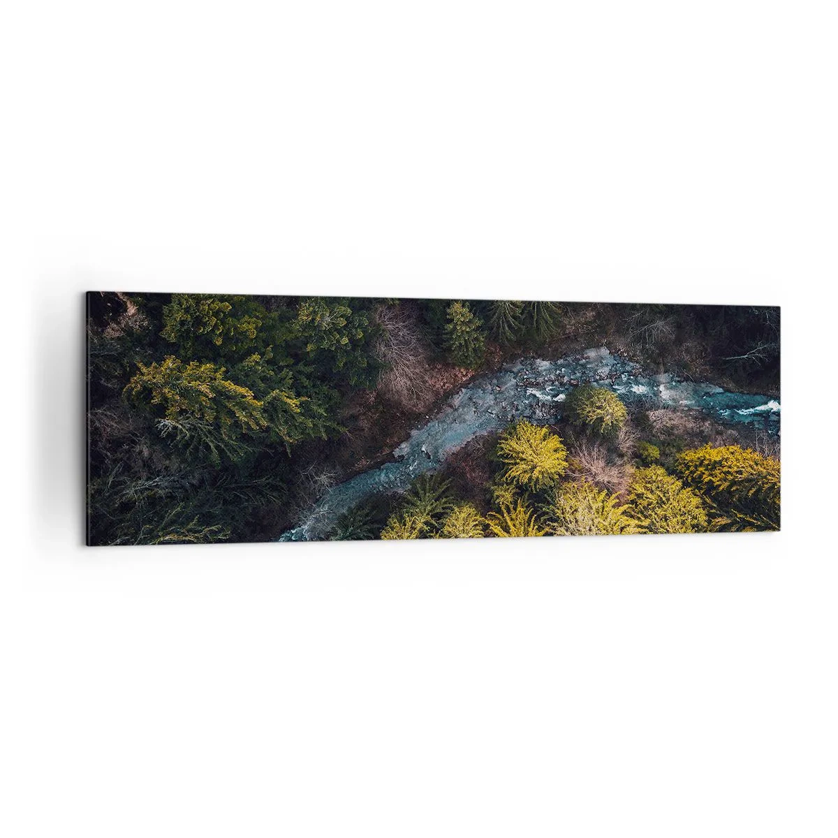 Cuadro sobre lienzo - Impresión de Imagen - Una vista desde arriba de un bosque con un río sinuoso. - 160x50cm - Rápido, cada vez más rápido - Decoración de pared moderna para salón y dormitorio ARTTOR