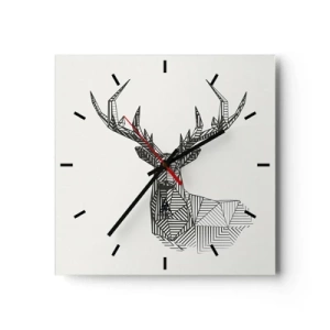 Reloj de pared - Reloj de vidrio - Imagen geométrica de un ciervo en un estilo minimalista en blanco y negro. - 30x30cm - Ciervo en estilo cubista - Decoración de pared moderna para salón y dormitorio ARTTOR