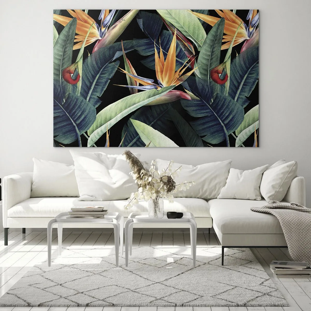 Cuadro sobre vidrio - Impresiones sobre Vidrio - Flores de strelitzia y hojas tropicales sobre fondo negro - 120x80cm - Flores de llamas de los trópicos - Decoración de pared moderna para salón y dormitorio ARTTOR