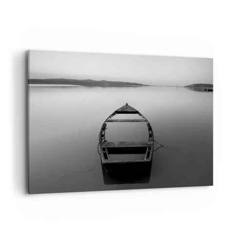 Cuadro sobre lienzo - Impresión de Imagen - Un barco solitario en un lago tranquilo en tonos blanco y negro. - 120x80cm - Anhelo y melancolía - Decoración de pared moderna para salón y dormitorio ARTTOR