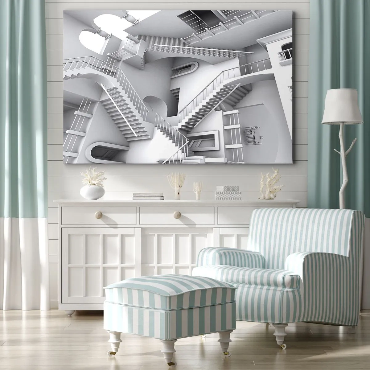 Cuadro sobre lienzo - Impresión de Imagen - Una composición abstracta de escaleras en una disposición espacial surrealista. - 70x50cm - Paradojas del espacio - Decoración de pared moderna para salón y dormitorio ARTTOR