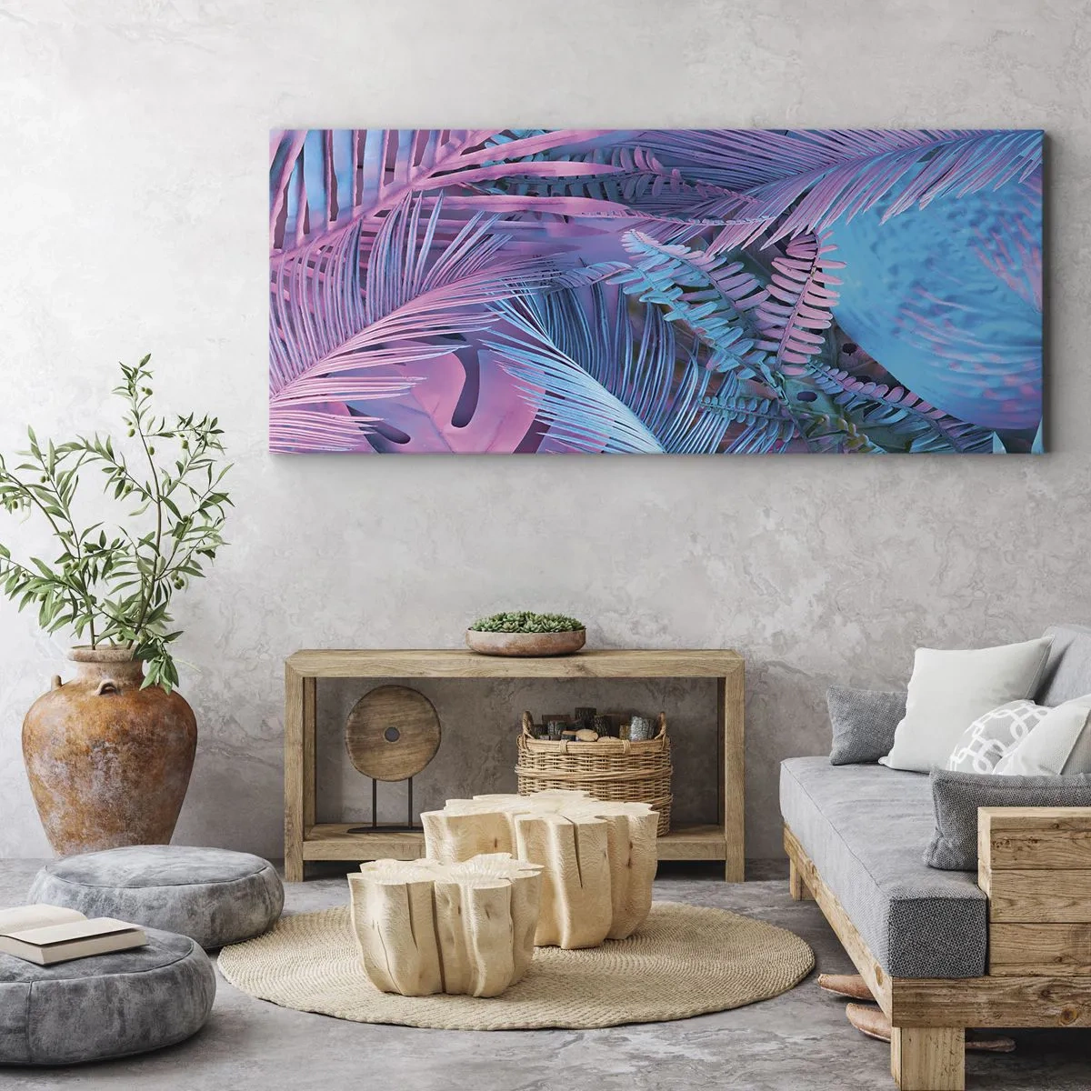 Cuadro sobre lienzo - Impresión de Imagen - Trópicos en rosa y azul - 100x40 cm