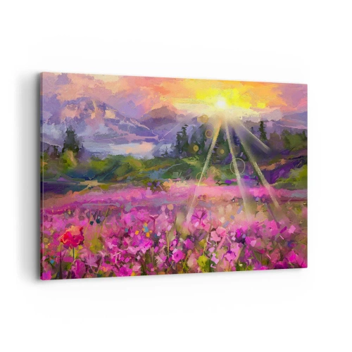 Cuadro sobre lienzo - Impresión de Imagen - Un prado pintoresco bajo los rayos del sol poniente. - 120x80cm - En un valle bajo la protección del sol - Decoración de pared moderna para salón y dormitorio ARTTOR
