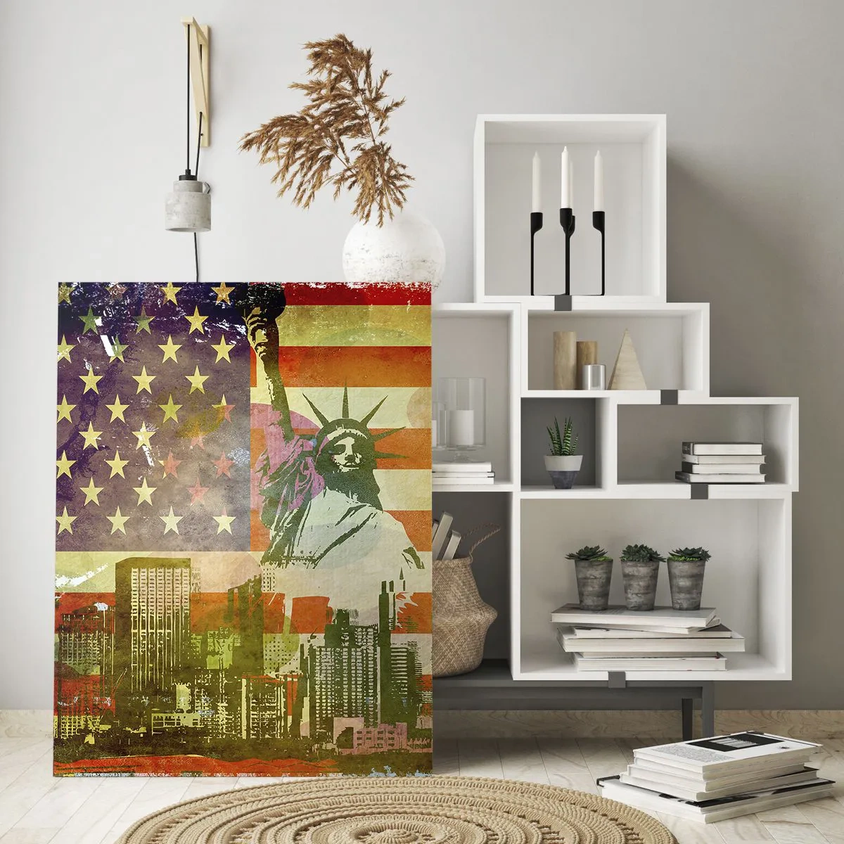 Cuadro sobre vidrio - Impresiones sobre Vidrio - Bandera de Estados Unidos con la silueta de la Estatua de la Libertad y el paisaje urbano - 50x70cm - ¡Viva América! - Decoración de pared moderna para salón y dormitorio ARTTOR