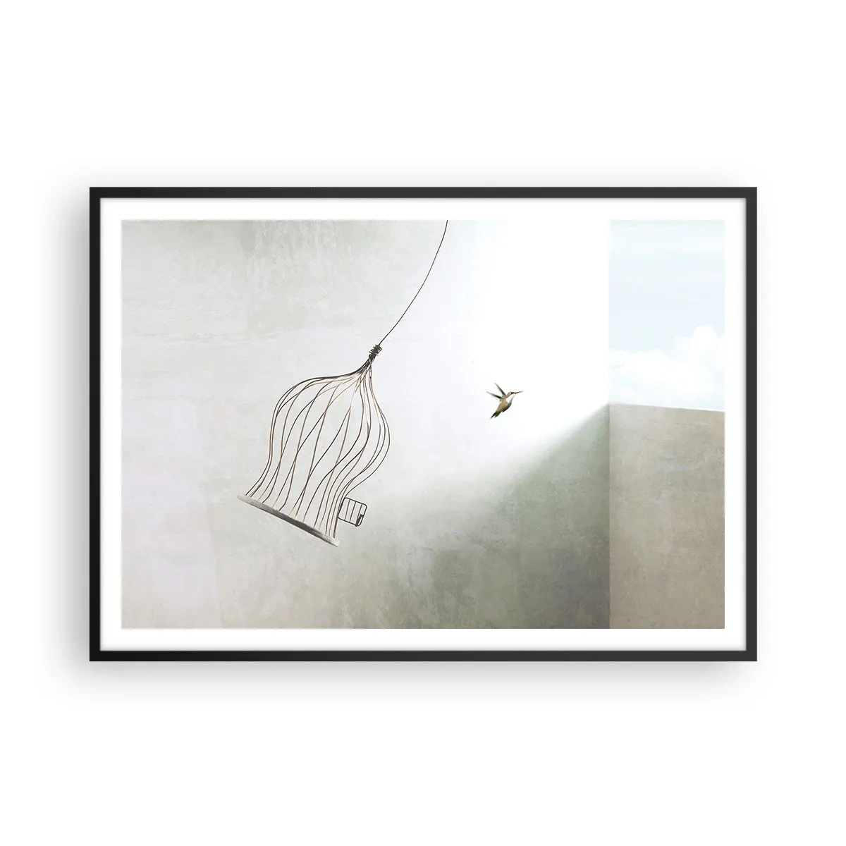 Póster en marco negro - Un pájaro liberado de una jaula con el cielo brillante como telón de fondo. - 100x70cm - Aquí debo estar - Decoración de pared moderna para salón y dormitorio ARTTOR