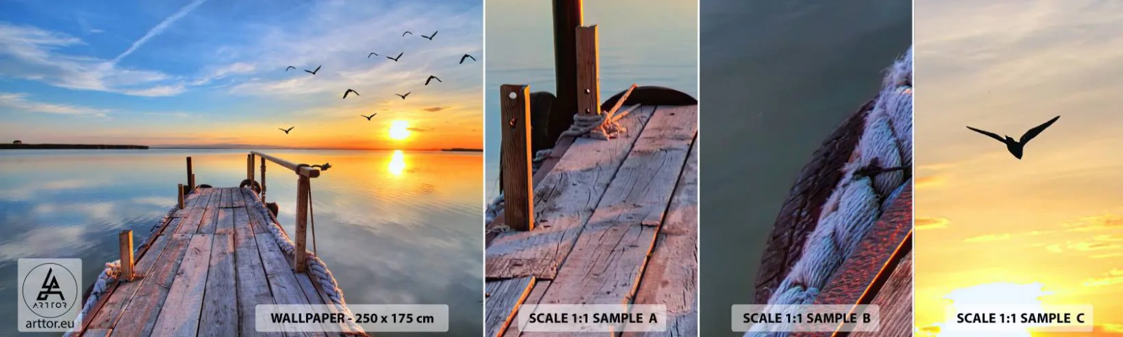 Muestra de fotomural autoadhesivo Deluxe Sticker - Caminando hacia el sol - Paisaje, Lago, Puente de madera - 100x30 cm