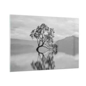 Cuadro sobre vidrio - Impresiones sobre Vidrio - Un árbol solitario en el agua en un paisaje en blanco y negro. - 100x70cm - Existe tal lugar en el mundo - Decoración de pared moderna para salón y dormitorio ARTTOR