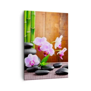 Cuadro sobre lienzo - Impresión de Imagen - Bambú de estilo zen, piedras y orquídeas rosas sobre un fondo de madera. - 50x70cm - Experimente los placeres de Oriente - Decoración de pared moderna para salón y dormitorio ARTTOR