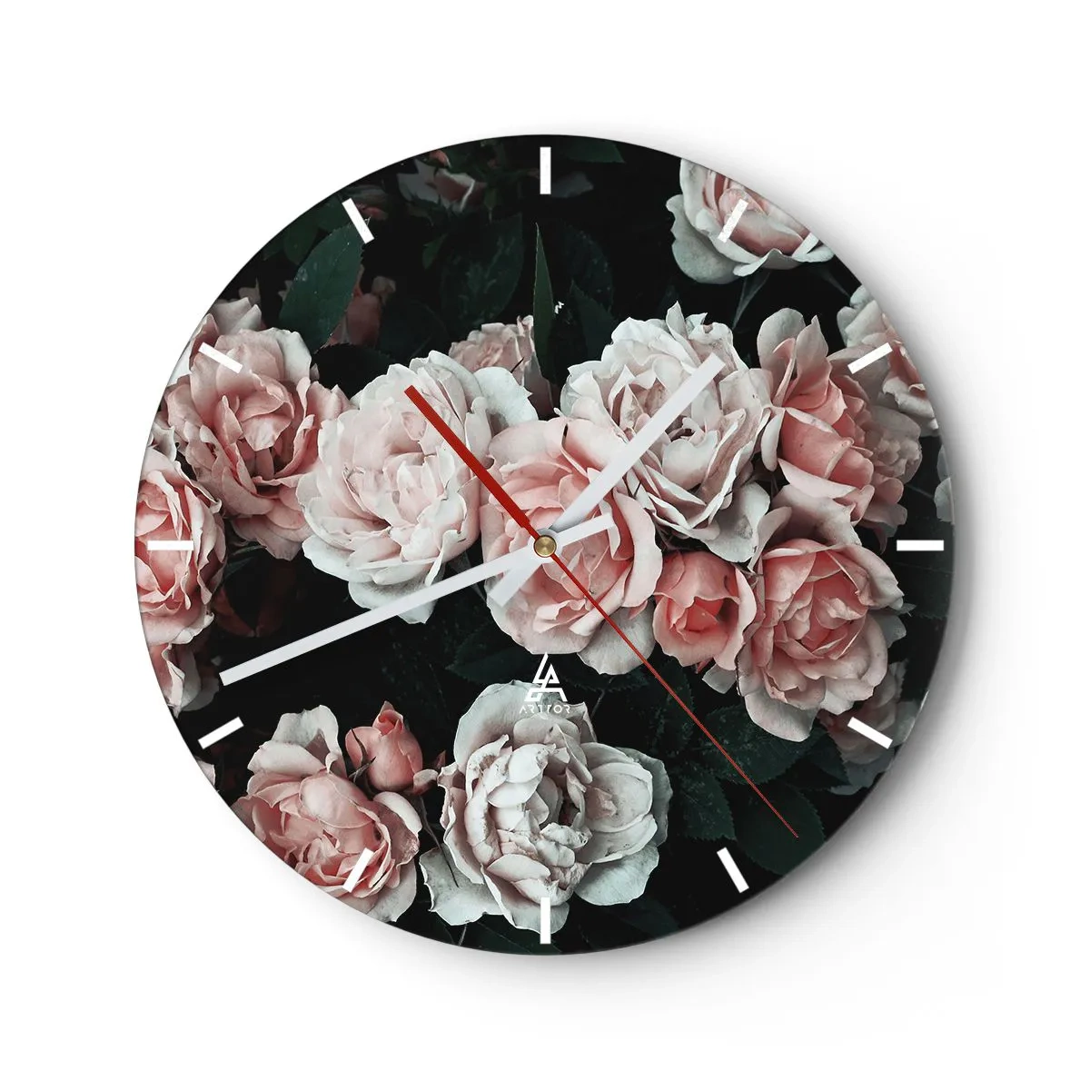 Reloj de pared - Reloj de vidrio - Un ramo de rosas rosadas sobre un fondo oscuro. - 30x30cm - Conjunto de rosas - Decoración de pared moderna para salón, cocina y dormitorio ARTTOR