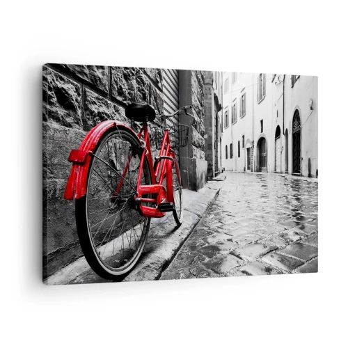 Cuadro sobre lienzo - Impresión de Imagen - Bicicleta roja en una calle en blanco y negro - 70x50cm - La verdadera belleza no envejece - Decoración de pared moderna para salón y dormitorio ARTTOR