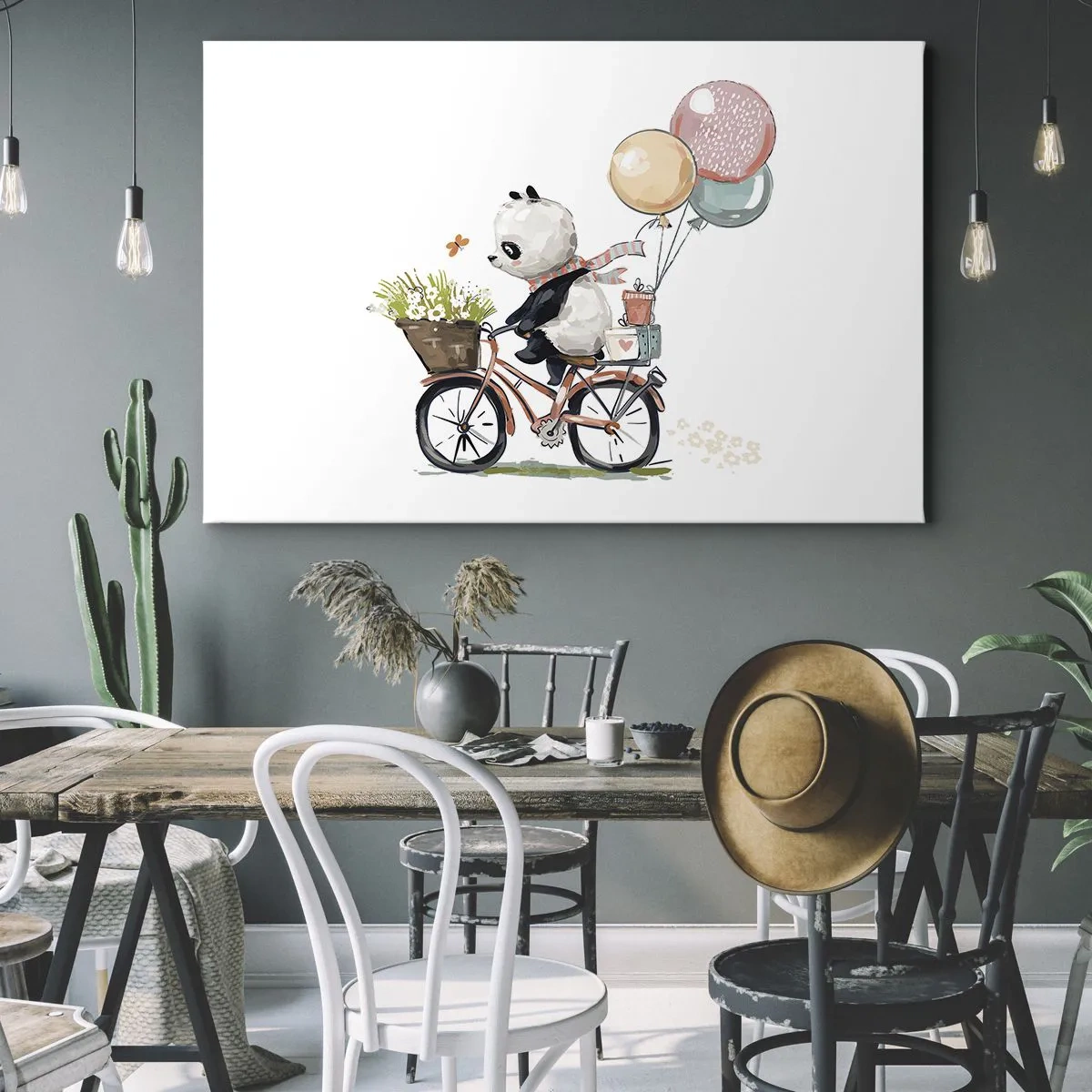 Cuadro sobre lienzo - Impresión de Imagen - Panda en bicicleta con globos y flores. - 70x50cm - Un día feliz - Decoración de pared moderna para salón y dormitorio ARTTOR