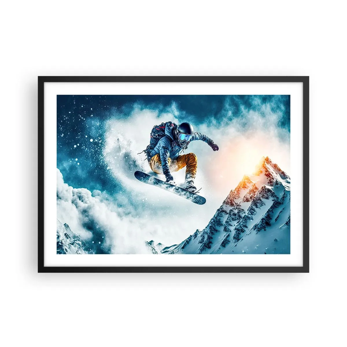Póster en marco negro - Un snowboarder vuela sobre montañas nevadas. - 70x50cm - Emociones extremas - Decoración de pared moderna para salón y dormitorio ARTTOR