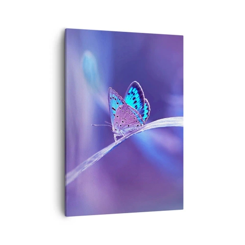 Cuadro sobre lienzo - Impresión de Imagen - Una delicada mariposa azul sobre un tallo en luz violeta. - 50x70cm - Una joya de la naturaleza - Decoración de pared moderna para salón y dormitorio ARTTOR