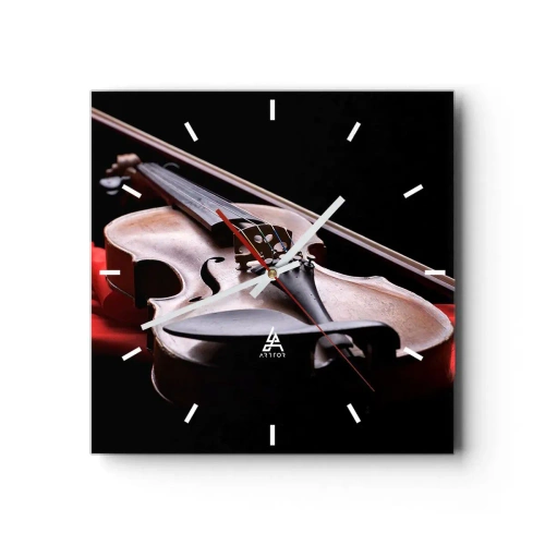 Reloj de pared - Reloj de vidrio - Violín sobre tela roja con fondo negro. - 30x30cm - Música de sentimientos - Decoración de pared moderna para salón y dormitorio ARTTOR