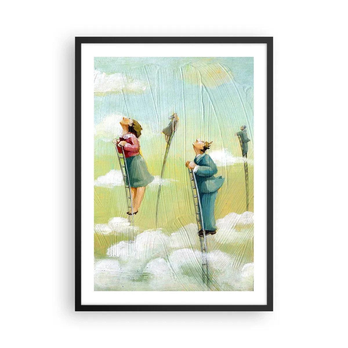 Póster en marco negro - Personajes subiendo escaleras en las nubes - 50x70cm - Sigue tu sueño - Decoración de pared moderna para salón y dormitorio ARTTOR