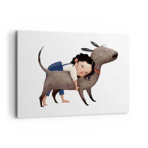 Cuadro sobre lienzo - Impresión de Imagen - Ilustración de estilo de dibujos animados de un niño abrazando a un perro. - 100x70cm - Mejores amigos - Decoración de pared moderna para salón y dormitorio ARTTOR