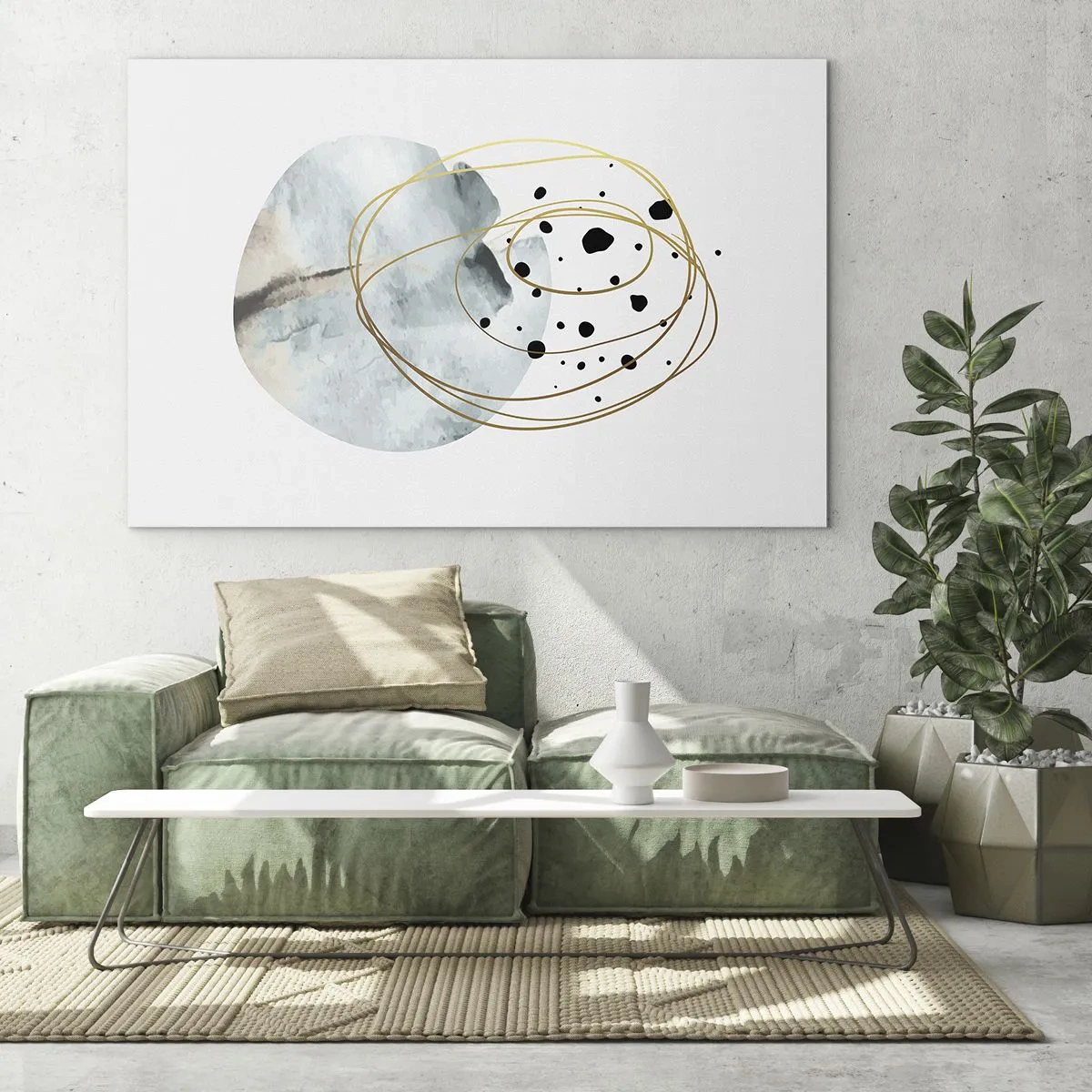 Cuadro sobre vidrio - Impresiones sobre Vidrio - Composición abstracta con una mancha azul y líneas doradas. - 70x50cm - El concepto del espacio - Decoración de pared moderna para salón y dormitorio ARTTOR