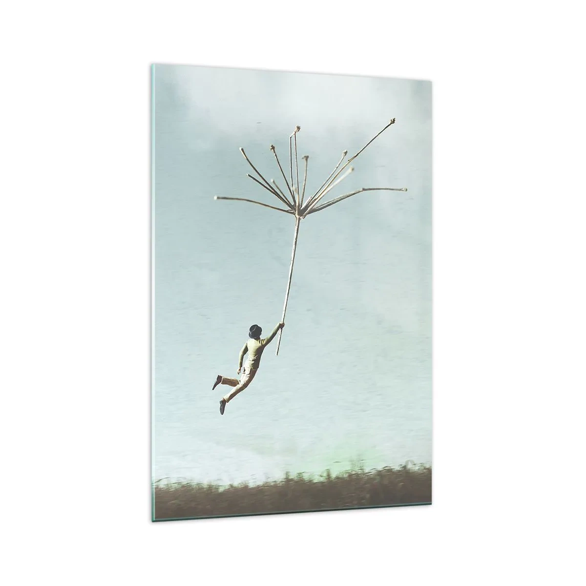 Cuadro sobre vidrio - Impresiones sobre Vidrio - Una figura levantada por una gran semilla de diente de león. - 70x100cm - Bailando con la brisa - Decoración de pared moderna para salón y dormitorio ARTTOR