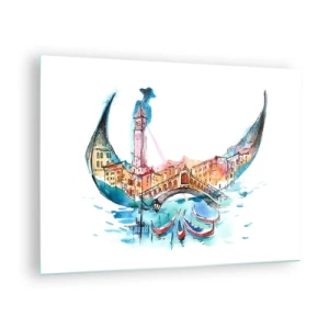 Cuadro sobre vidrio - Impresiones sobre Vidrio - Panorama de Venecia en acuarela en forma de máscara. - 70x50cm - Navegamos por la ciudad - Decoración de pared moderna para salón y dormitorio ARTTOR
