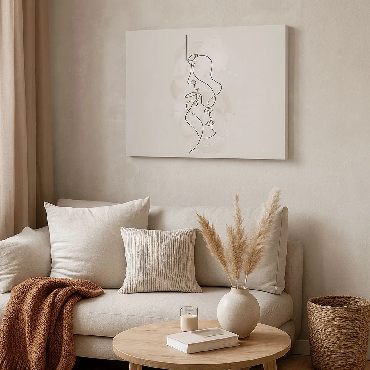 Cuadro sobre lienzo - Impresión de Imagen - Esquema abstracto de dos caras sobre un fondo claro - 70x50cm - En un abrazo - Decoración de pared moderna para salón y dormitorio ARTTOR