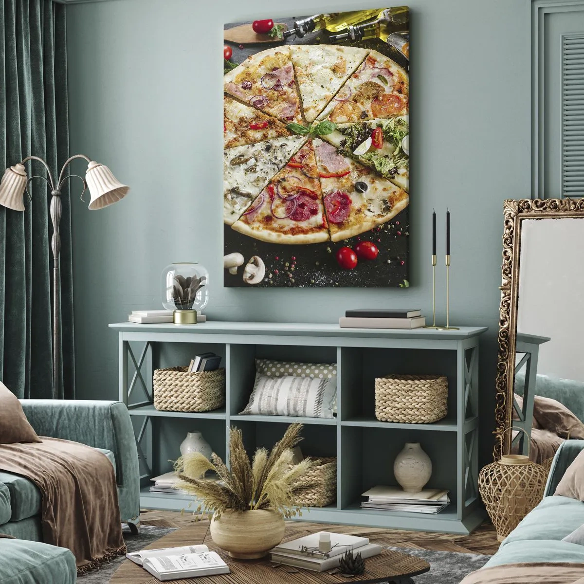 Cuadro sobre lienzo - Impresión de Imagen - Pizza en varios sabores con fondo de ingredientes. - 70x100cm - Una gama de gustos - Decoración de pared moderna para salón y dormitorio ARTTOR