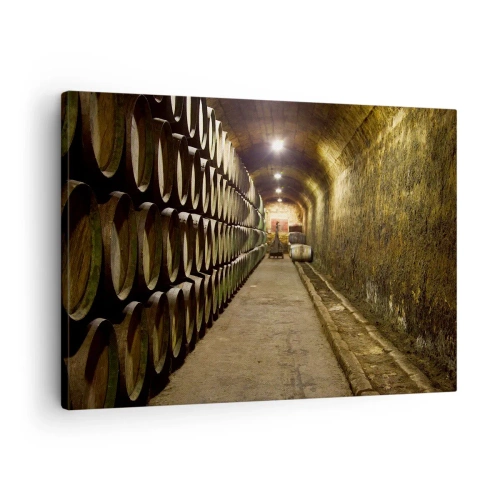 Cuadro sobre lienzo - Impresión de Imagen - Una bodega con barriles de vino de madera dispuestos en filas. - 70x50cm - El placer  - Decoración de pared moderna para salón y dormitorio ARTTOR