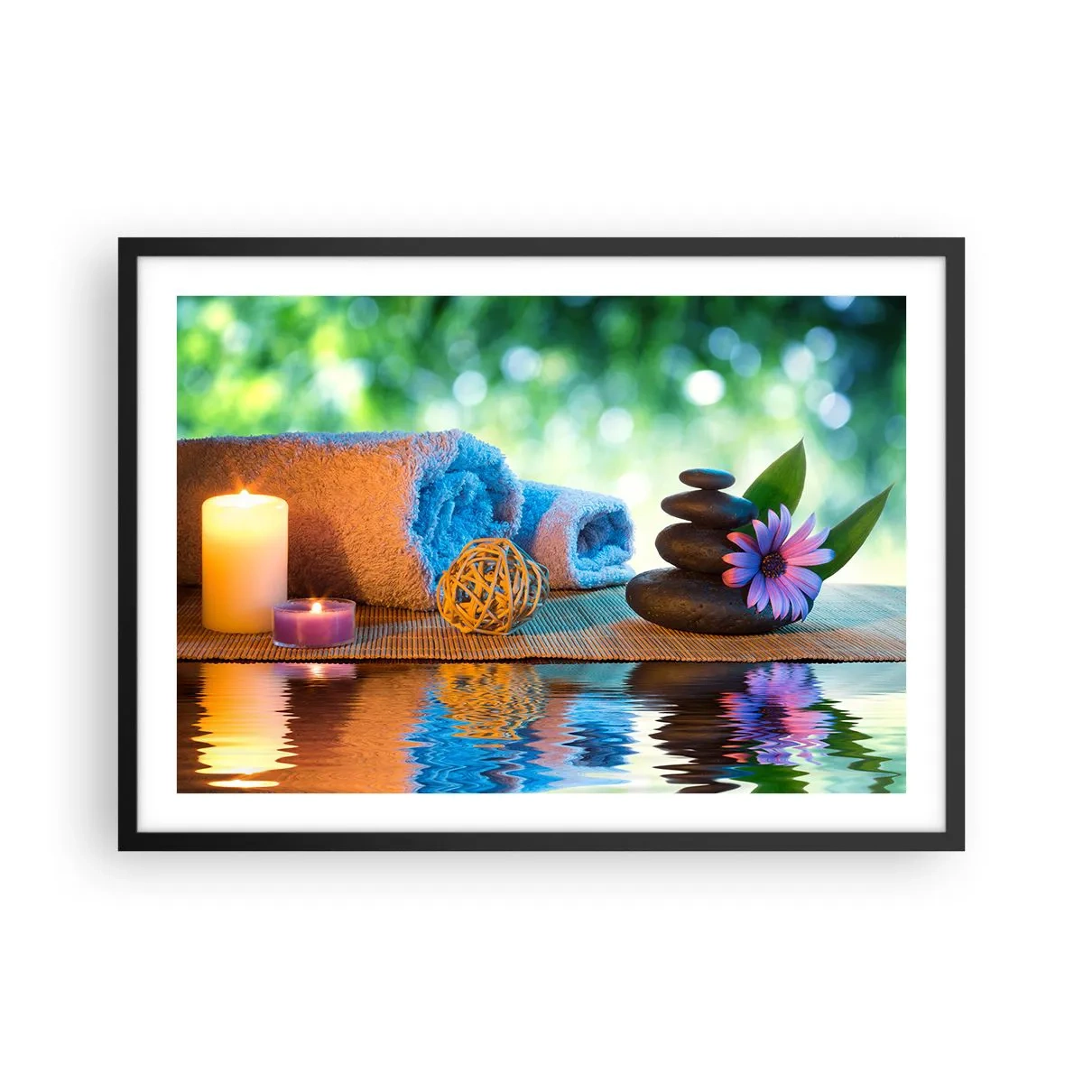 Póster en marco negro - Set de SPA relajante con toallas, velas y piedras - 70x50cm - Tiempo para el cuerpo - Decoración de pared moderna para salón y dormitorio ARTTOR