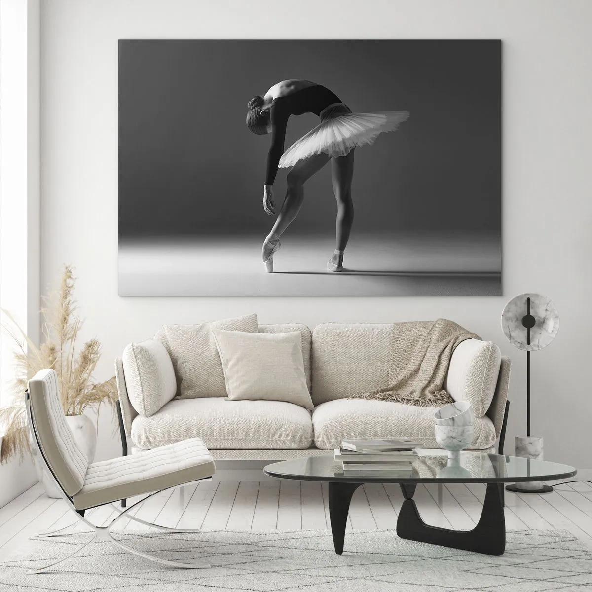 Cuadro sobre vidrio - Impresiones sobre Vidrio - Silueta en blanco y negro de una bailarina en una pose elegante. - 70x50cm - Bella bailarina - Decoración de pared moderna para salón y dormitorio ARTTOR