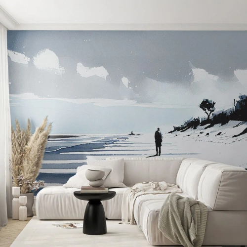 Fotomural Premium Sand - Una figura solitaria camina por una playa vacía en tonos grises. - 100x70cm - Solo conmigo mismo - Decoración de pared moderna para salón y dormitorio ARTTOR
