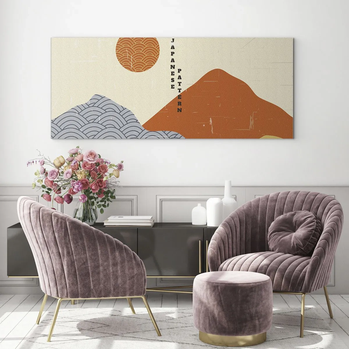 Cuadro sobre vidrio - Impresiones sobre Vidrio - Patrones japoneses con montañas, sol y estilo minimalista. - 120x50cm - En el espíritu japonés - Decoración de pared moderna para salón y dormitorio ARTTOR