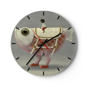 Reloj de pared - Reloj de vidrio - Una figura de un gran pez con silla de montar y botas sobre un fondo gris. - 30x30cm - Jinete del pescado - Decoración de pared moderna para salón, cocina y dormitorio ARTTOR