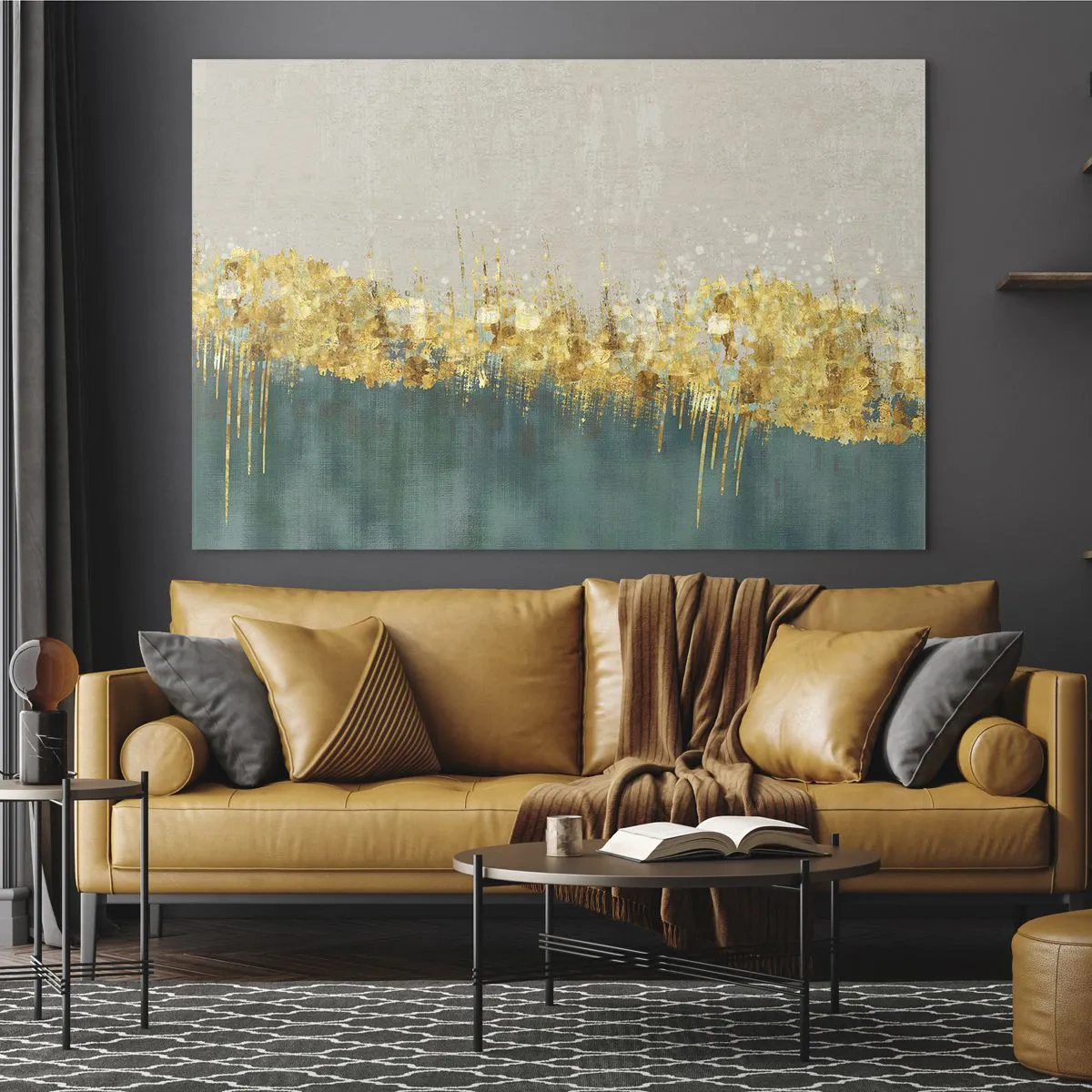 Cuadro sobre vidrio - Impresiones sobre Vidrio - Los acentos dorados crean un borde entre el beige y el verde botella. - 70x50cm - La frontera dorada - Decoración de pared moderna para salón y dormitorio ARTTOR