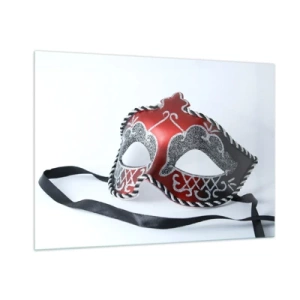 Cuadro sobre vidrio - Impresiones sobre Vidrio - Máscara de carnaval en rojo y plata. - 100x70cm - Invitación al baile - Decoración de pared moderna para salón y dormitorio ARTTOR