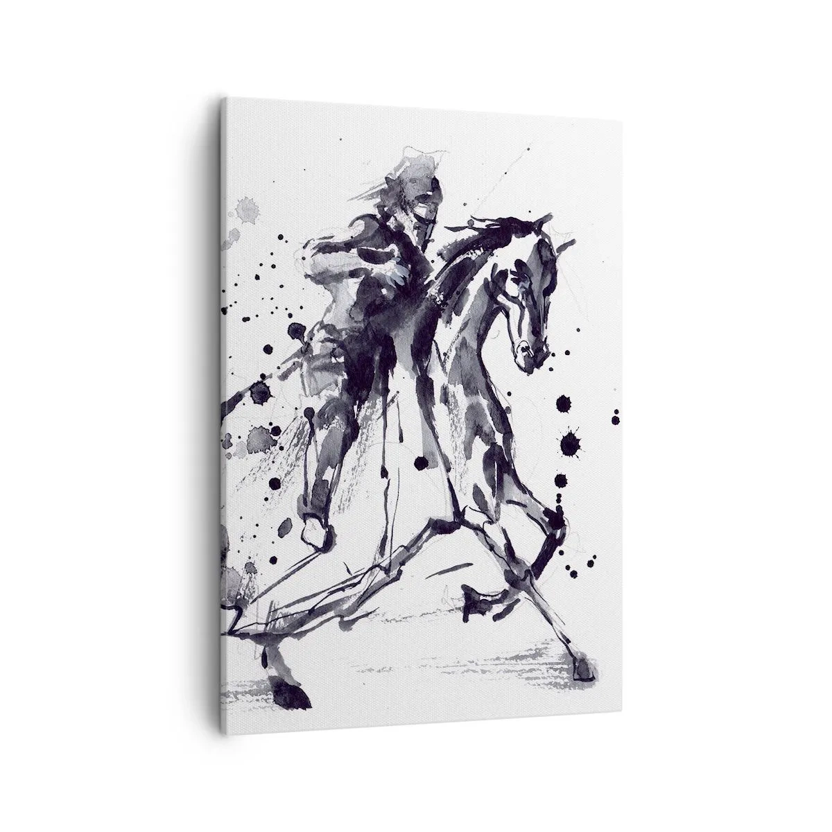 Cuadro sobre lienzo - Impresión de Imagen - Acuarela en blanco y negro de un jinete sobre un caballo al galope. - 50x70cm - Caballero negro - Decoración de pared moderna para salón y dormitorio ARTTOR