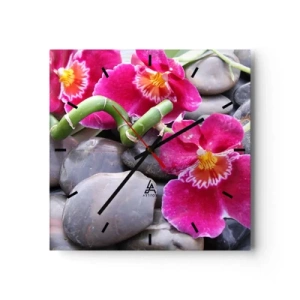 Reloj de pared - Reloj de vidrio - Orquídeas rosas sobre un fondo de piedras lisas. - 30x30cm - Frío y calor - Decoración de pared moderna para salón y dormitorio ARTTOR