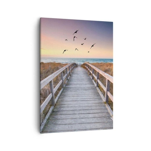 Cuadro sobre lienzo - Impresión de Imagen - Muelle de madera que conduce a la playa al atardecer - 50x70cm - Camino a lo desconocido - Decoración de pared moderna para salón y dormitorio ARTTOR