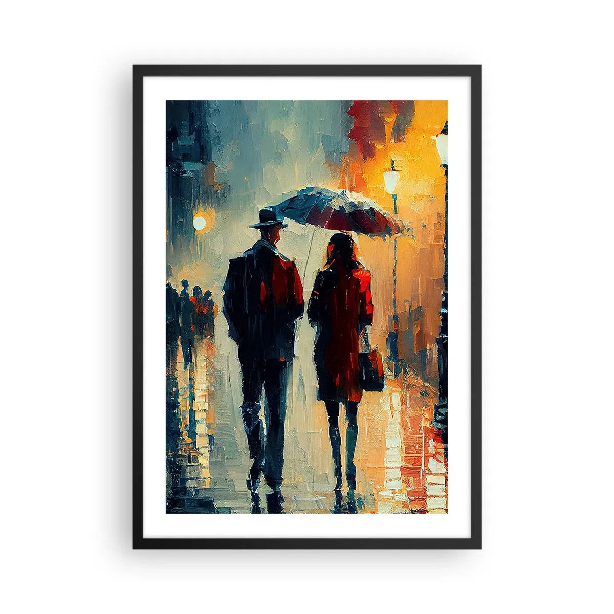 Póster en marco negro - Pareja romántica bajo un paraguas bajo la lluvia - 50x70cm - Historia de amor urbana - Decoración de pared moderna para salón y dormitorio ARTTOR