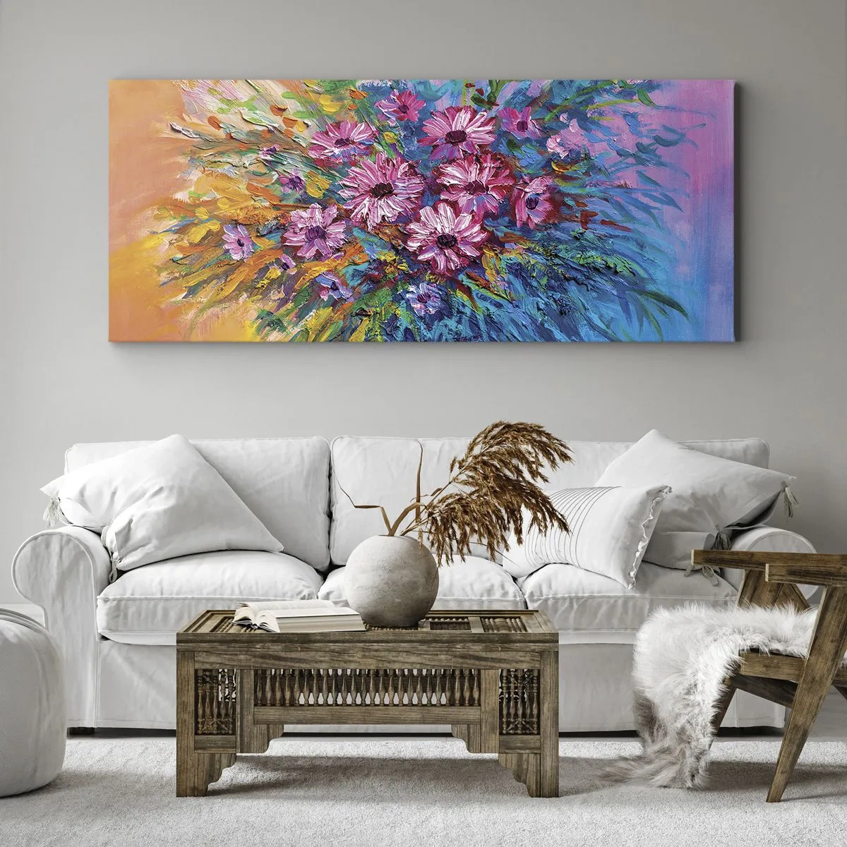 Cuadro sobre lienzo - Impresión de Imagen - Flores de colores en un ramo sobre un fondo de color pastel. - 120x50cm - La energía de la vida - Decoración de pared moderna para salón y dormitorio ARTTOR