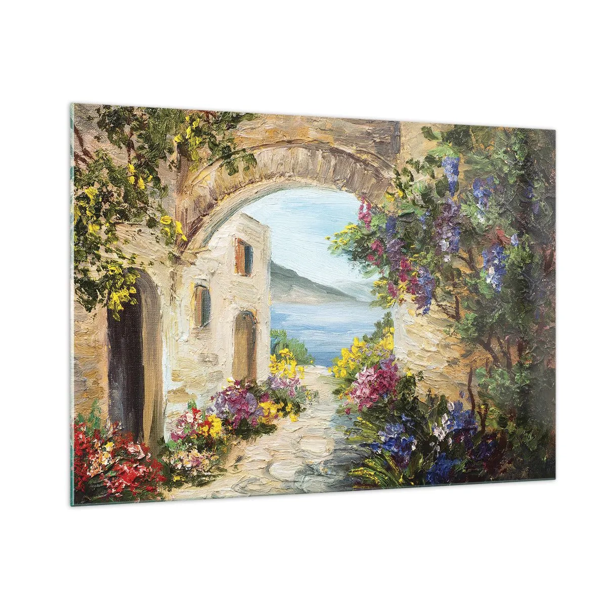 Cuadro sobre vidrio - Impresiones sobre Vidrio - Una calle pintoresca con vista al lago. - 100x70cm - El encanto del paisaje costero - Decoración de pared moderna para salón y dormitorio ARTTOR