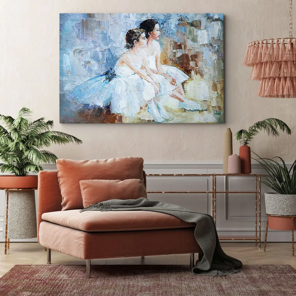 Cuadro sobre lienzo - Impresión de Imagen - Dos bailarinas vestidas de blanco se relajan sobre un fondo pastel. - 70x50cm - Cisnes jóvenes descansando - Decoración de pared moderna para salón y dormitorio ARTTOR