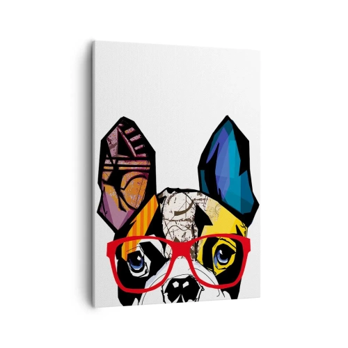 Cuadro sobre lienzo - Impresión de Imagen - Bulldog en una ilustración colorida con gafas rojas. - 50x70cm - El intelectual - Decoración de pared moderna para salón y dormitorio ARTTOR