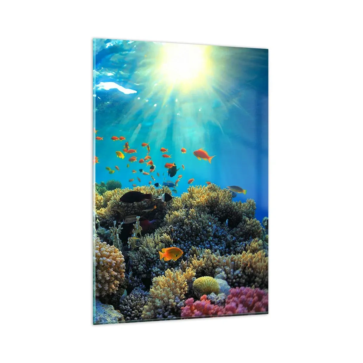 Cuadro sobre vidrio - Impresiones sobre Vidrio - Arrecife de coral con peces bajo los rayos del sol bajo el agua. - 80x120cm - Tesoros submarinos - Decoración de pared moderna para salón y dormitorio ARTTOR