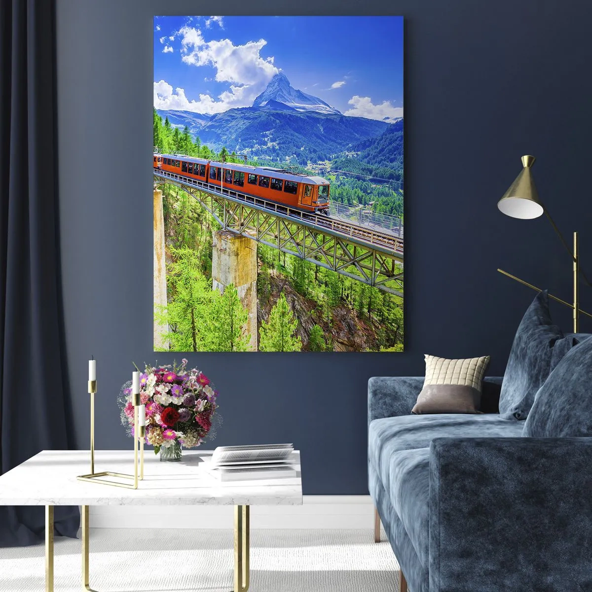 Cuadro sobre vidrio - Impresiones sobre Vidrio - Una montaña rusa en un puente con vistas a una cascada y montañas. - 70x100cm - Ferrocarril a los Alpes - Decoración de pared moderna para salón y dormitorio ARTTOR
