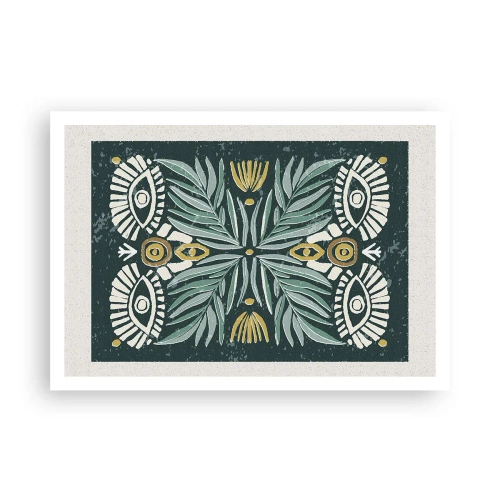 Póster - Patrón de planta simétrica sobre un fondo verde. - 100x70cm - Como un recorte folclórico - Decoración de pared moderna para salón y dormitorio ARTTOR